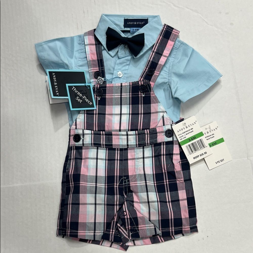 Andy & Evan Plaid 3 piece short all romper outfit Navy blue pink NWT